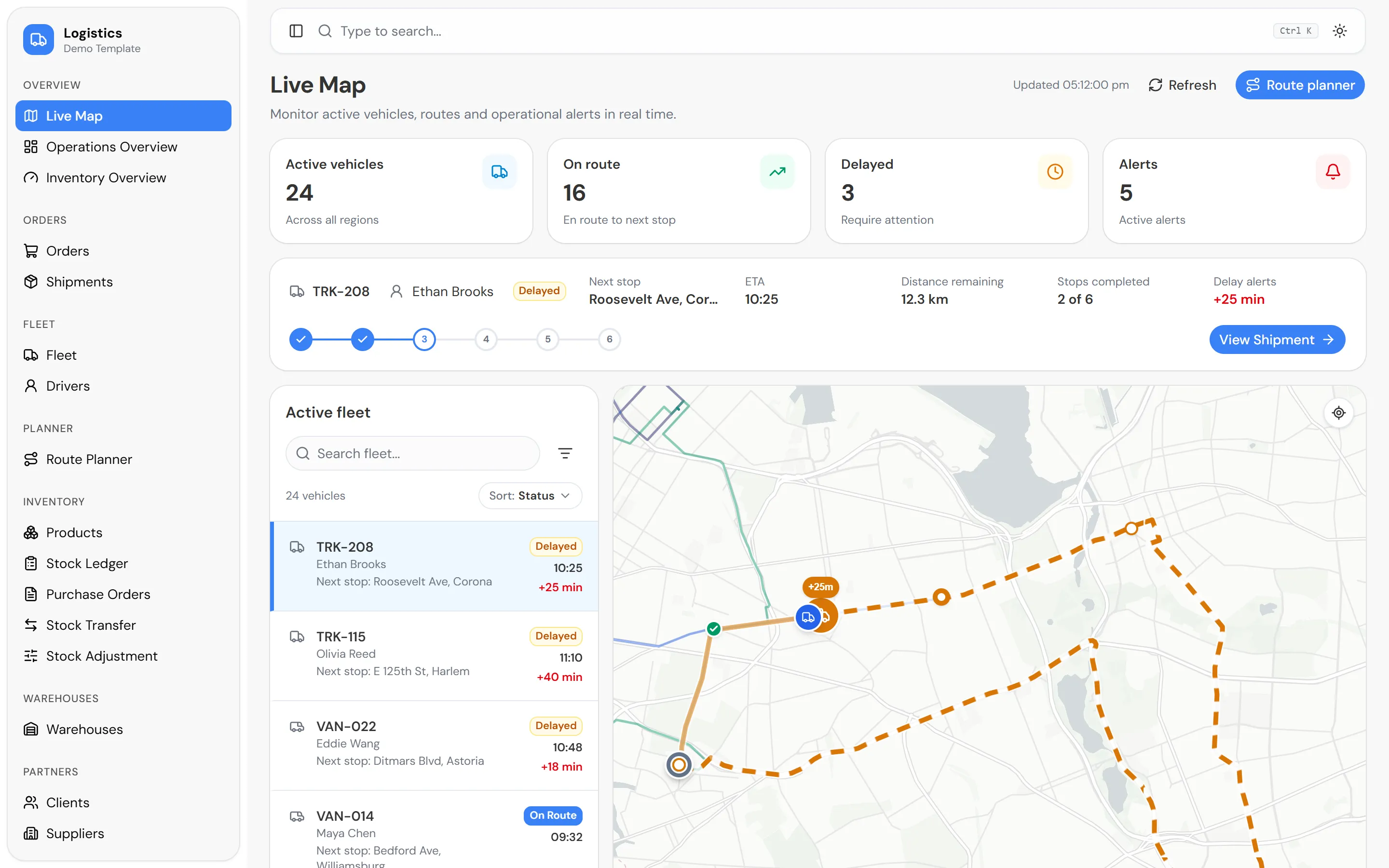 Screenshot of the logistics demo: vehicle map with routes and the fleet list